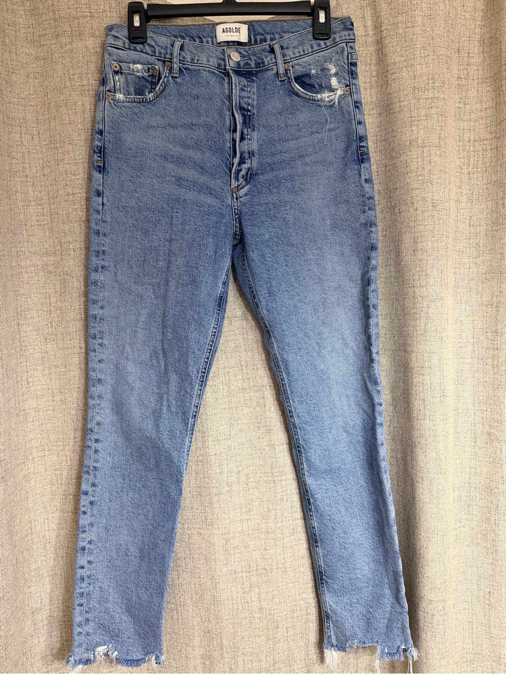Agolde Light Blue High-Rise Straight Jeans with Raw Hem
